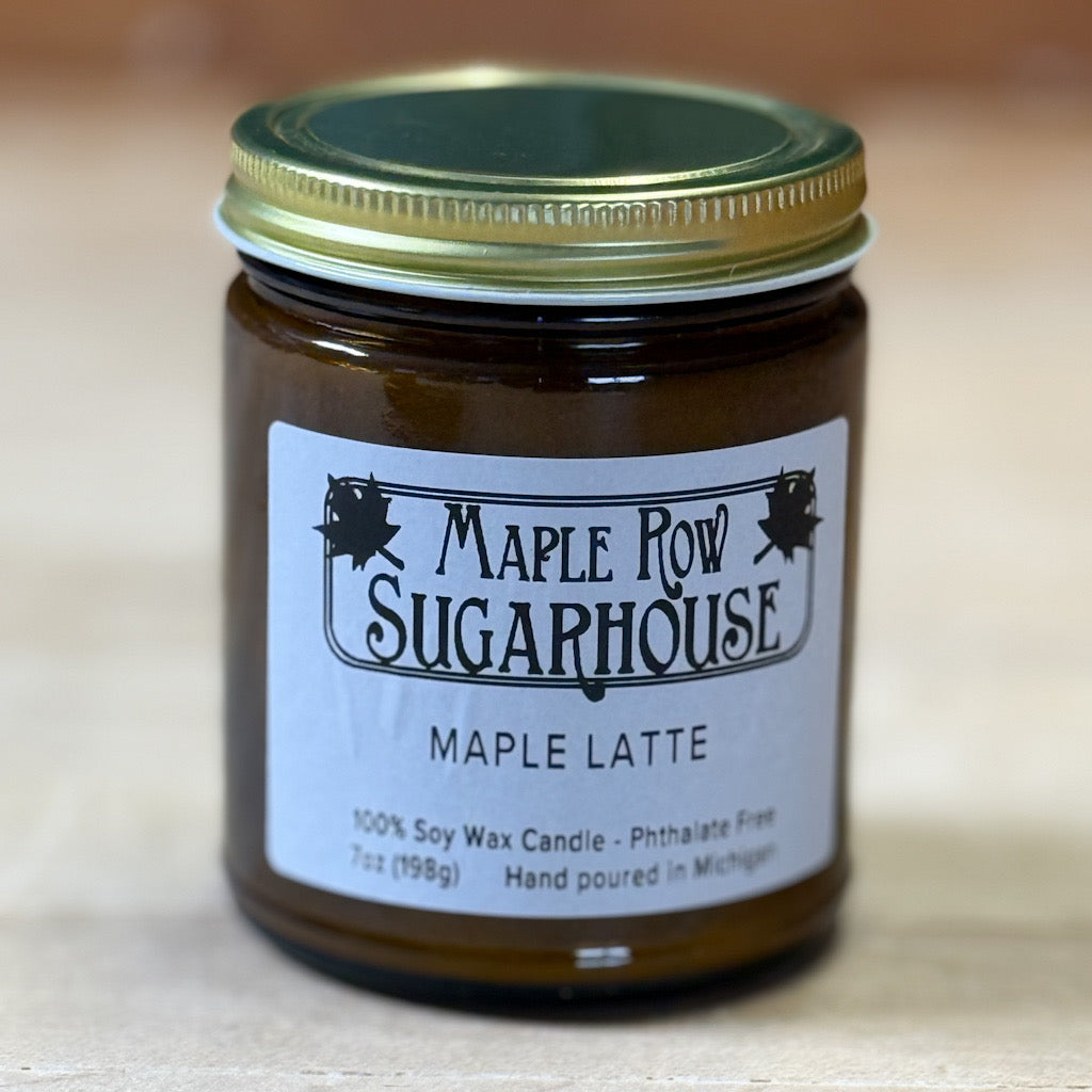 Jar of Maple Latte candle from Maple Row Sugarhouse on a neutral background